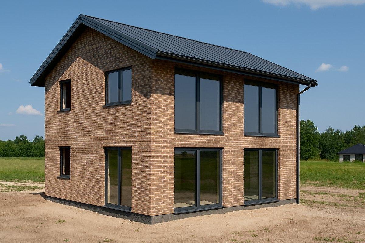 Ķieģeļu māja ar uzstādītiem alumīnija logiem un durvīm.