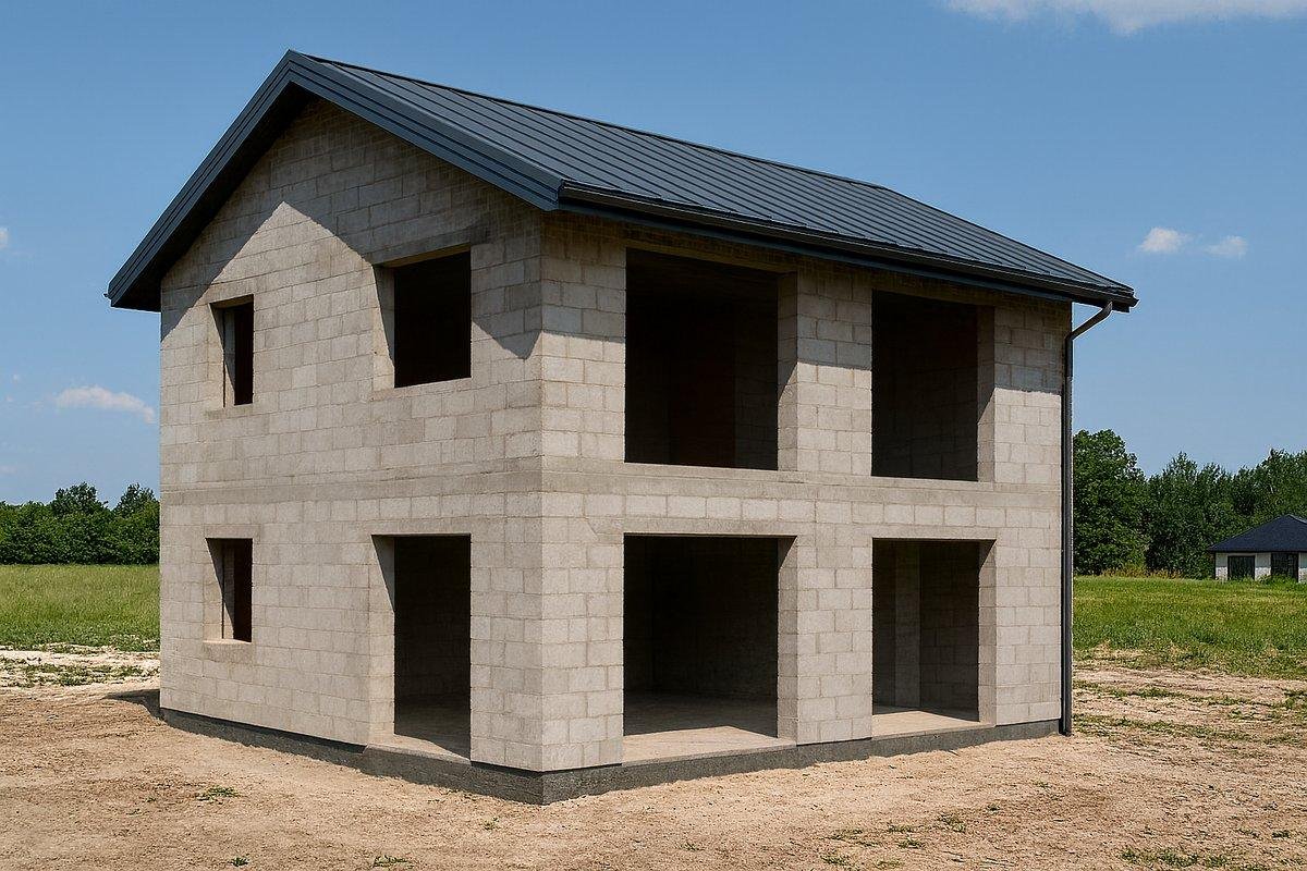 Ķieģeļu māja pirms alumīnija logu un durvju uzstādīšanas.