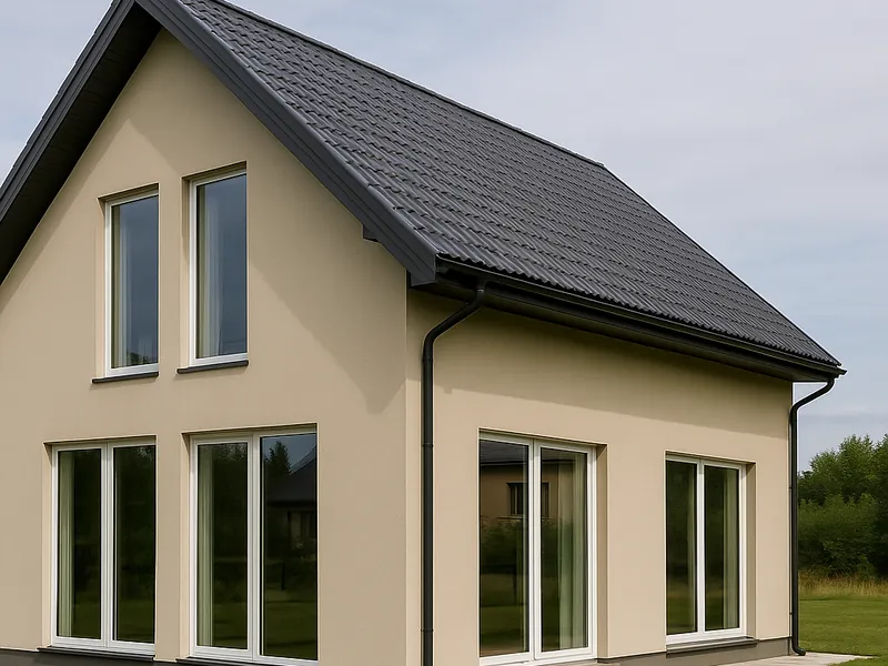 Privātmāja ar panorāmas PVC logiem un bīdāmām terases durvīm — silta montāža.