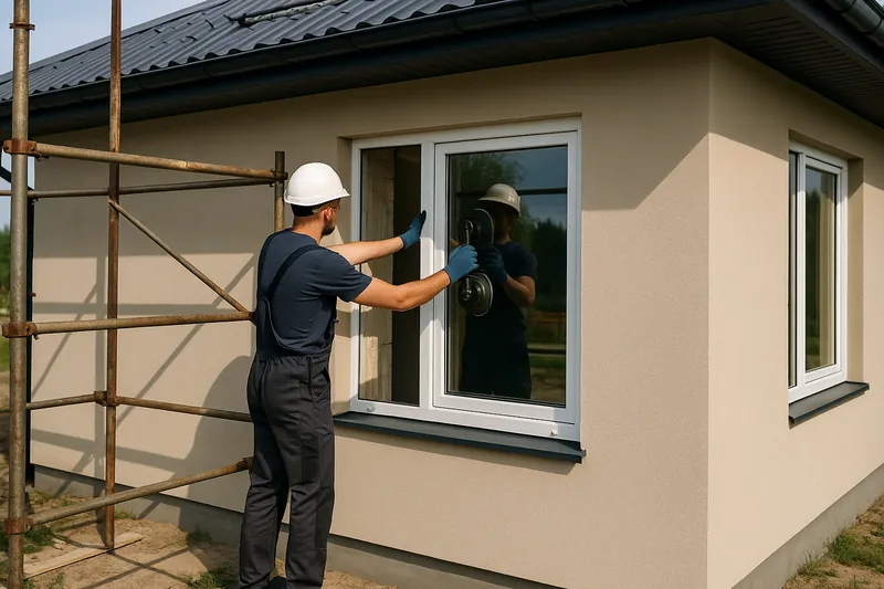 Meistars uzstāda PVC logu privātmājā, izmantojot vakuuma rokturus pie rāmja.