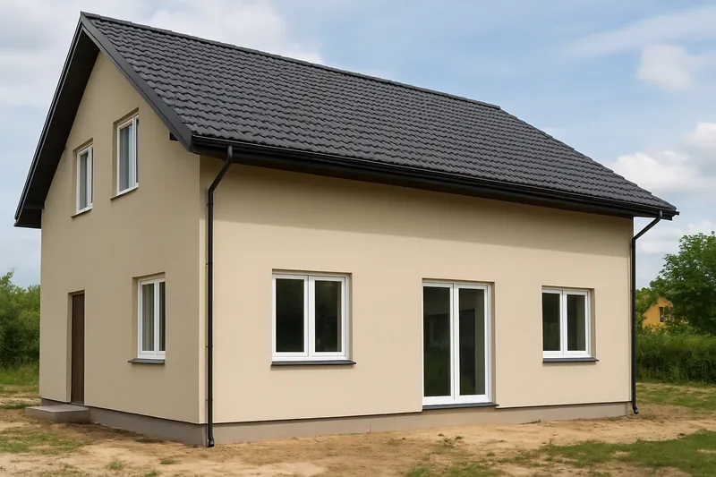 Privātmāja ar uzstādītiem PVC logiem un bīdāmām terases durvīm.