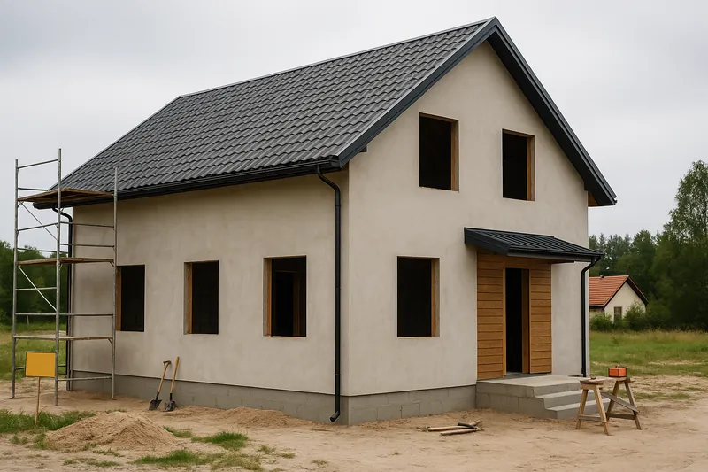 Privātmāja būvniecības stadijā ar atvērtām logu ailēm (pirms PVC logu montāžas).